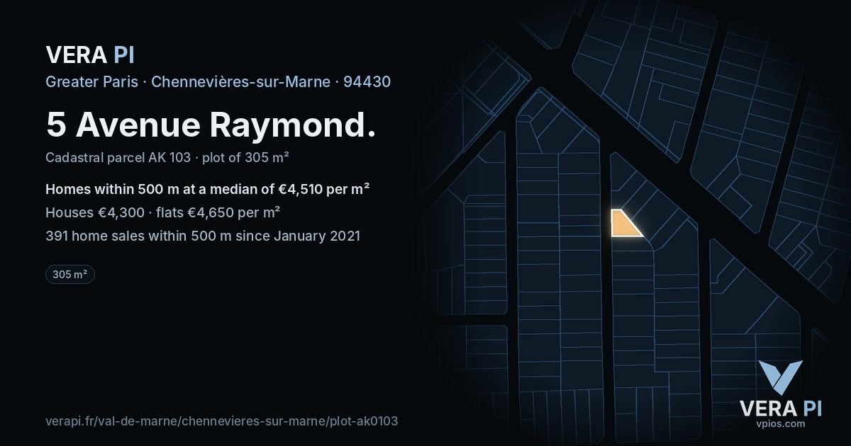 5 Avenue Raymond, Chennevières-sur-Marne at night – the plot lit, the parcels around coloured by the prices near them