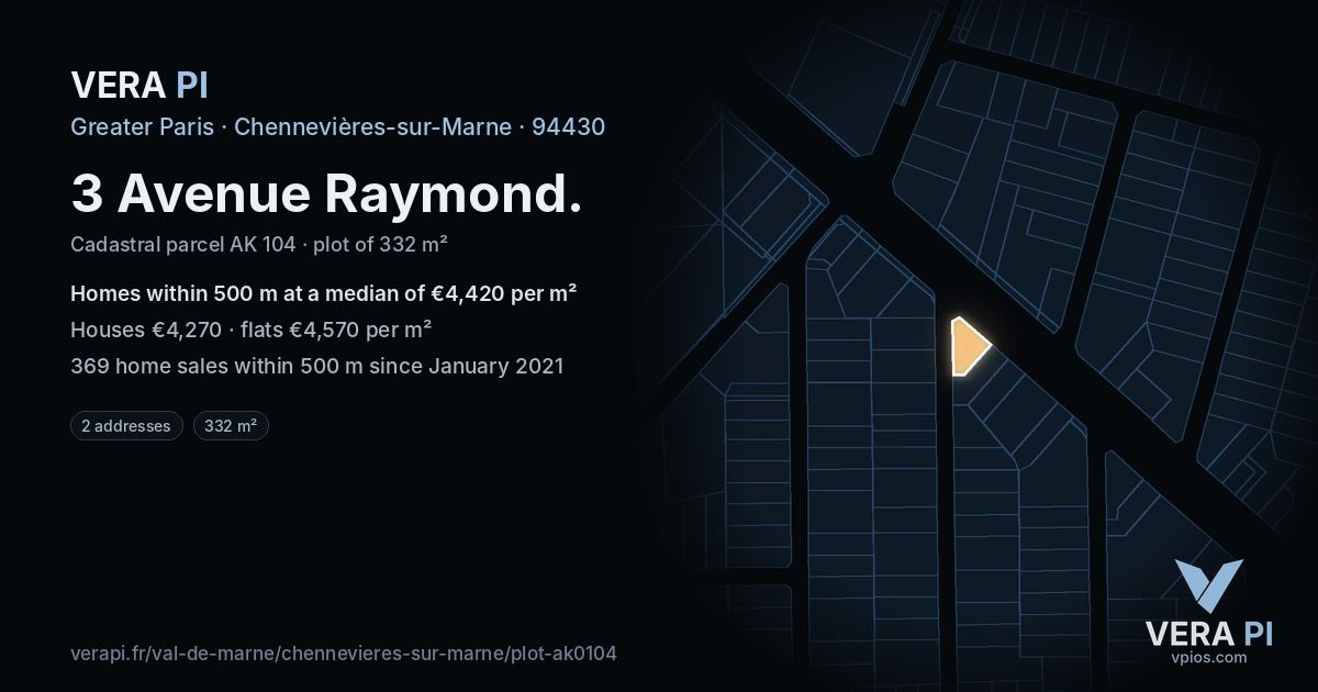 3 Avenue Raymond, Chennevières-sur-Marne at night – the plot lit, the parcels around coloured by the prices near them