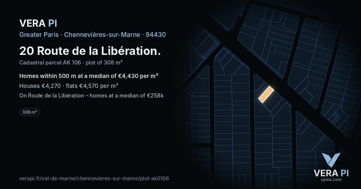 20 Route de la Libération, Chennevières-sur-Marne at night – the plot lit, the parcels around coloured by the prices near them