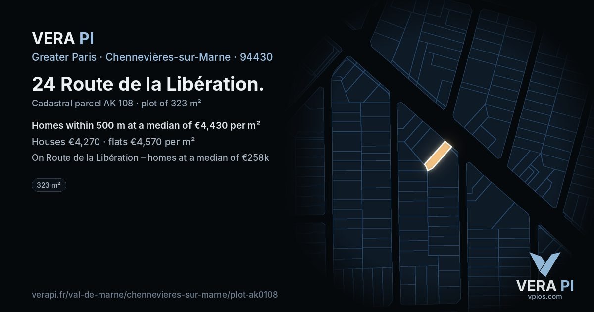 24 Route de la Libération, Chennevières-sur-Marne at night – the plot lit, the parcels around coloured by the prices near them
