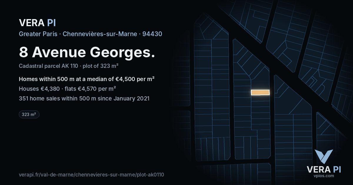 8 Avenue Georges, Chennevières-sur-Marne at night – the plot lit, the parcels around coloured by the prices near them