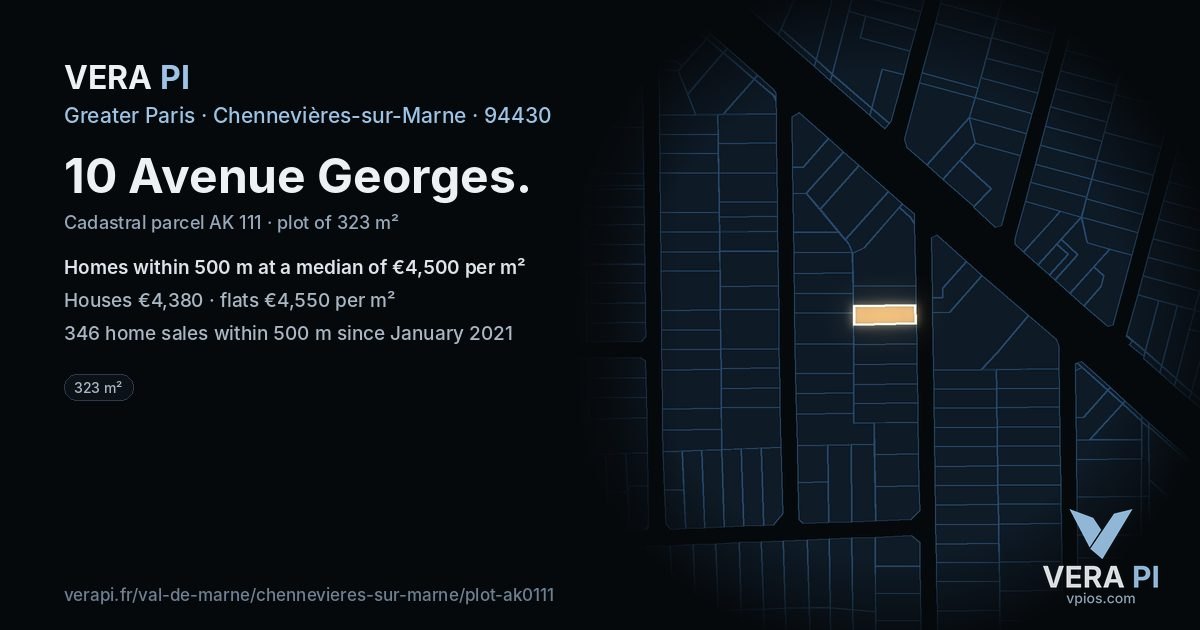 10 Avenue Georges, Chennevières-sur-Marne at night – the plot lit, the parcels around coloured by the prices near them