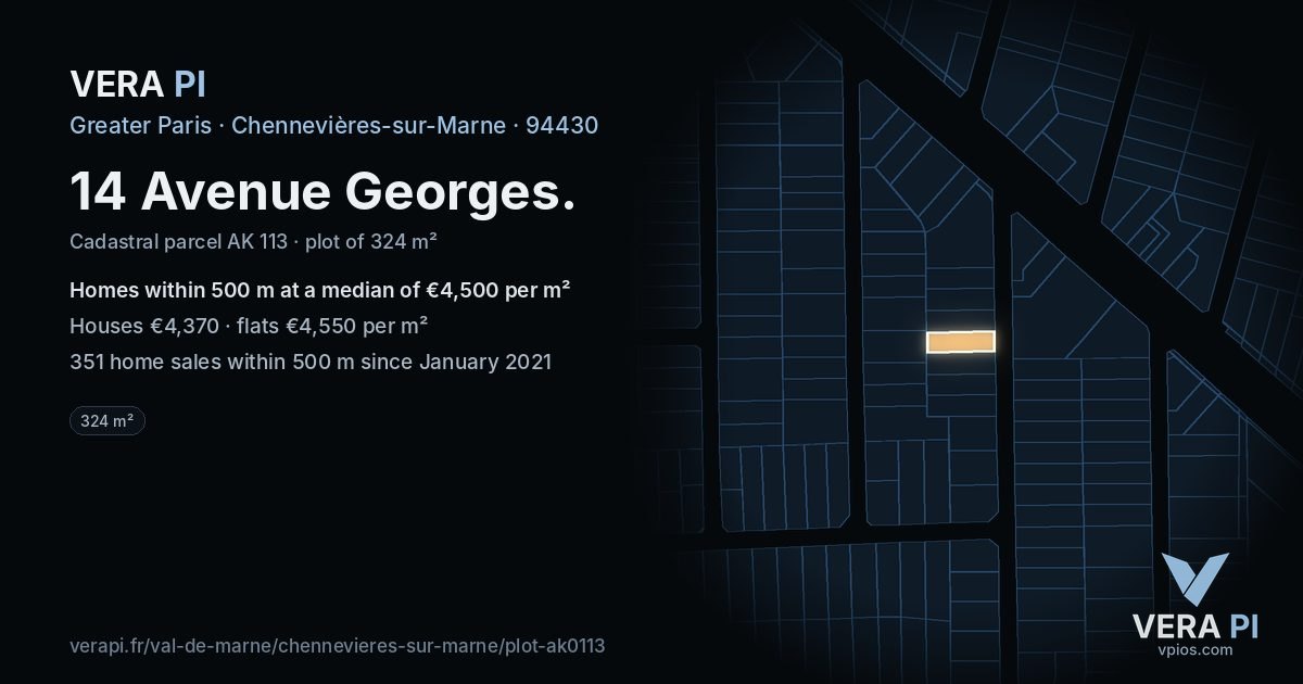 14 Avenue Georges, Chennevières-sur-Marne at night – the plot lit, the parcels around coloured by the prices near them