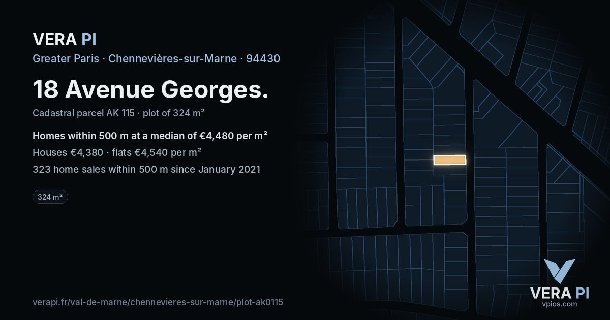 18 Avenue Georges, Chennevières-sur-Marne at night – the plot lit, the parcels around coloured by the prices near them