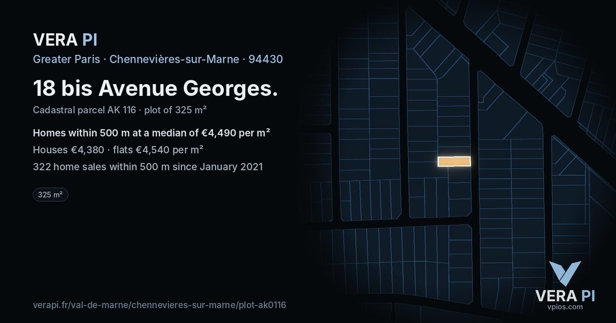 18 bis Avenue Georges, Chennevières-sur-Marne at night – the plot lit, the parcels around coloured by the prices near them