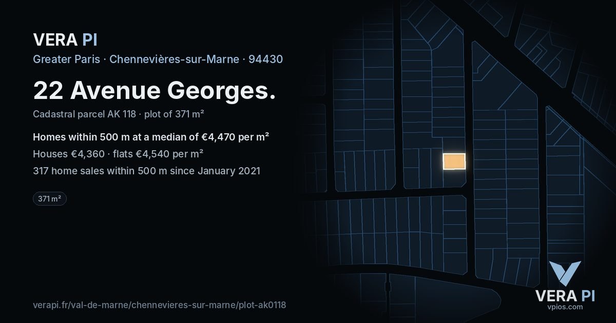 22 Avenue Georges, Chennevières-sur-Marne at night – the plot lit, the parcels around coloured by the prices near them