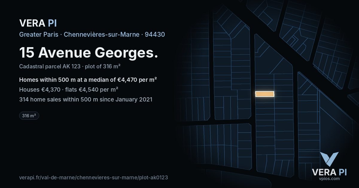 15 Avenue Georges, Chennevières-sur-Marne at night – the plot lit, the parcels around coloured by the prices near them