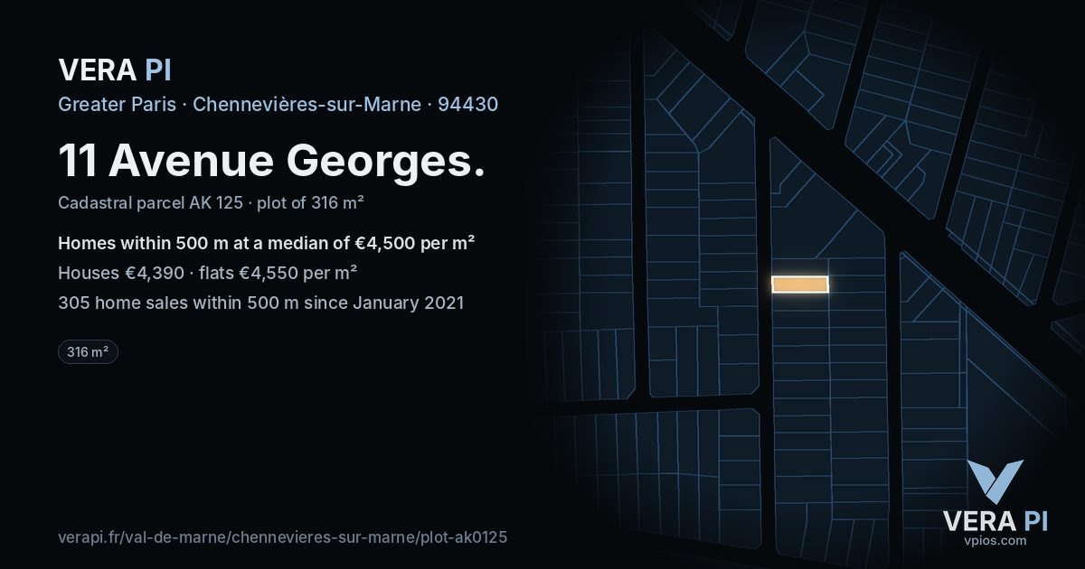 11 Avenue Georges, Chennevières-sur-Marne at night – the plot lit, the parcels around coloured by the prices near them