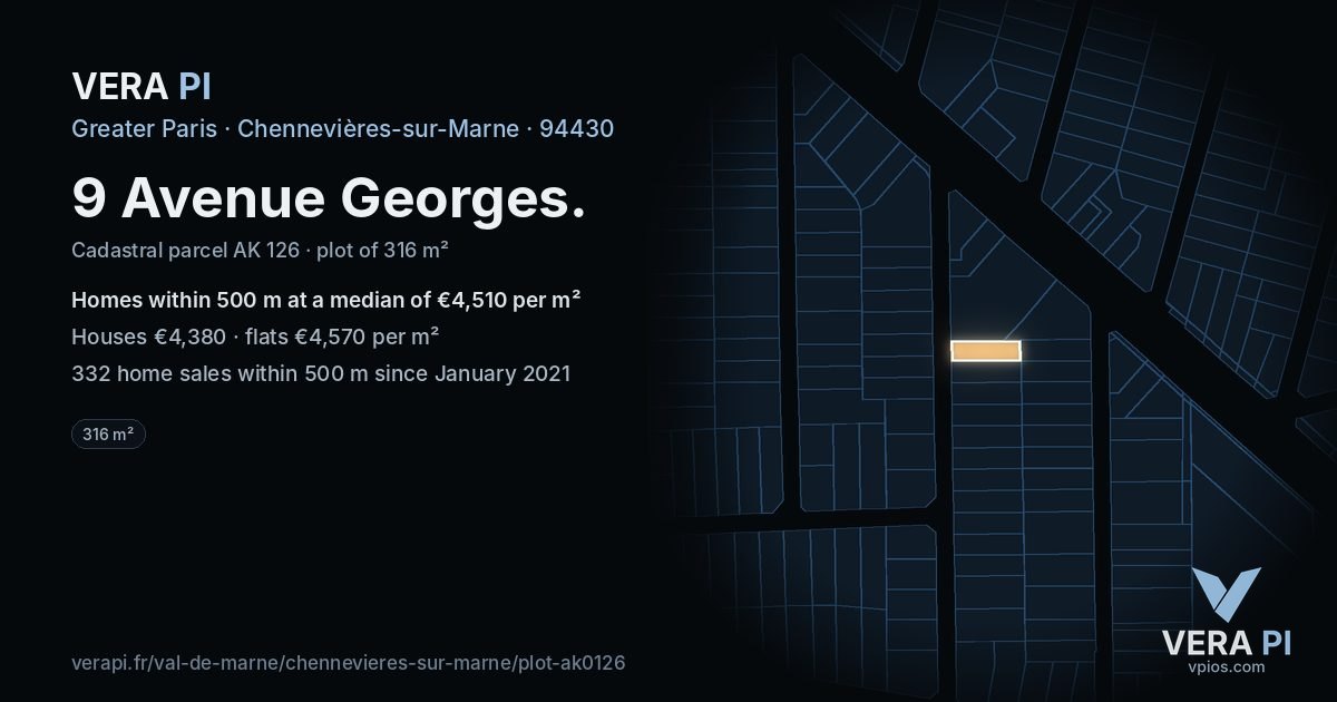 9 Avenue Georges, Chennevières-sur-Marne at night – the plot lit, the parcels around coloured by the prices near them