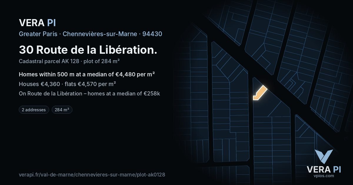 30 Route de la Libération, Chennevières-sur-Marne at night – the plot lit, the parcels around coloured by the prices near them