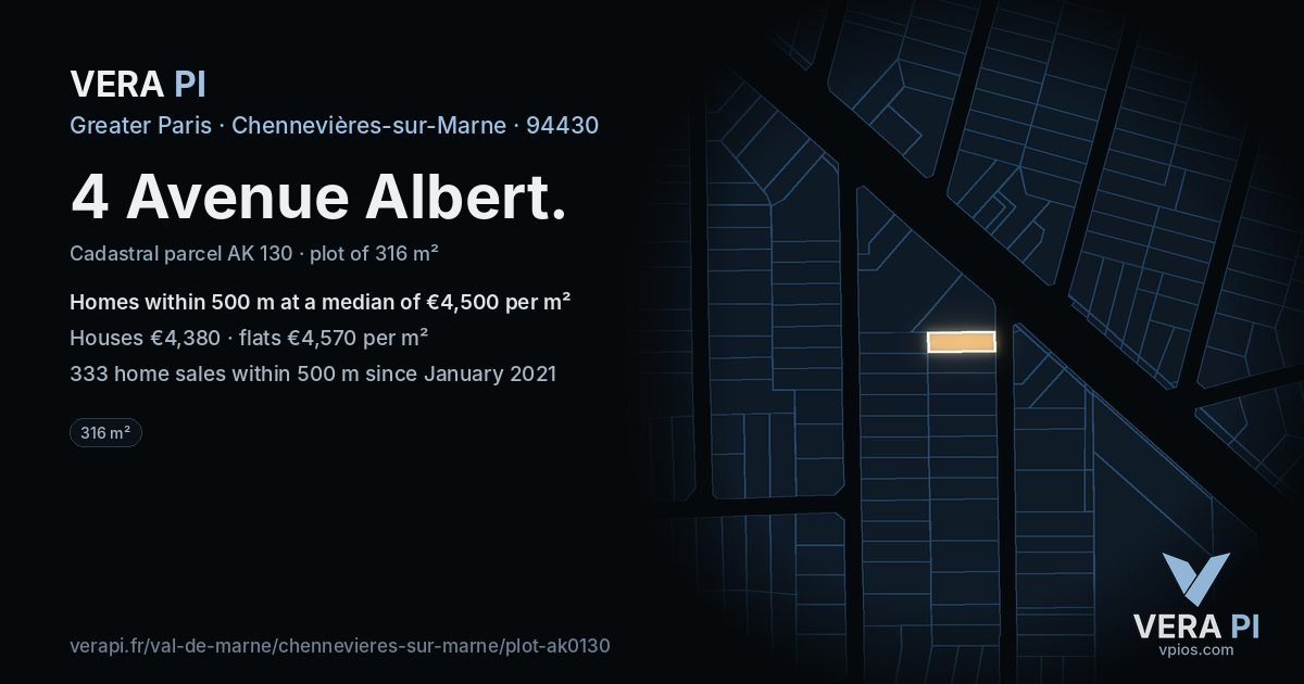 4 Avenue Albert, Chennevières-sur-Marne at night – the plot lit, the parcels around coloured by the prices near them