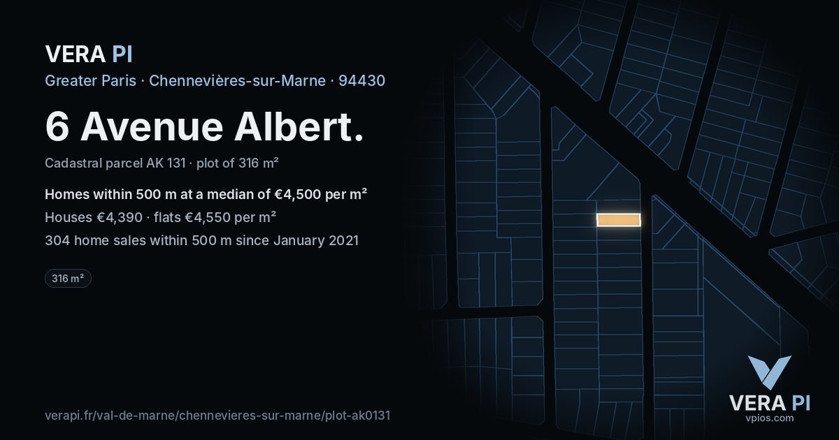 6 Avenue Albert, Chennevières-sur-Marne at night – the plot lit, the parcels around coloured by the prices near them