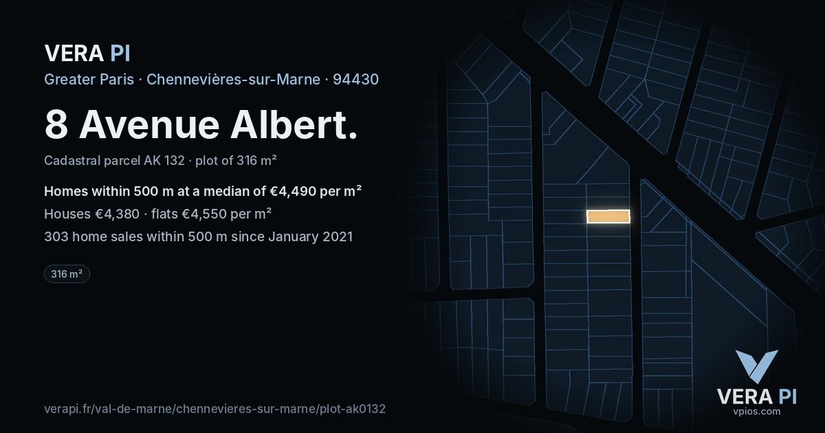 8 Avenue Albert, Chennevières-sur-Marne at night – the plot lit, the parcels around coloured by the prices near them