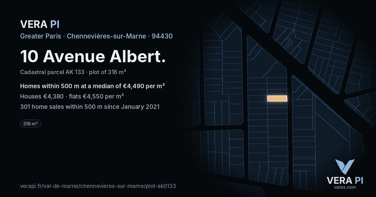 10 Avenue Albert, Chennevières-sur-Marne at night – the plot lit, the parcels around coloured by the prices near them