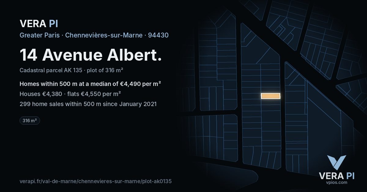 14 Avenue Albert, Chennevières-sur-Marne at night – the plot lit, the parcels around coloured by the prices near them