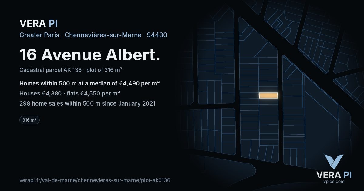 16 Avenue Albert, Chennevières-sur-Marne at night – the plot lit, the parcels around coloured by the prices near them