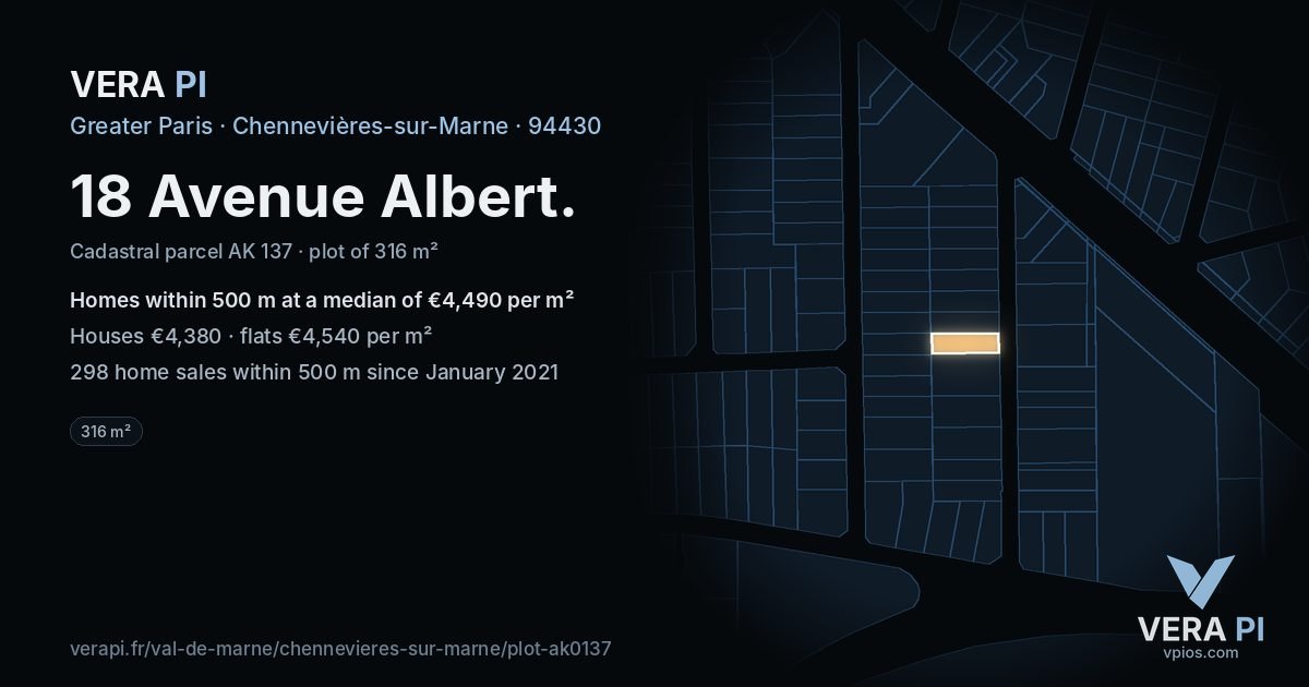 18 Avenue Albert, Chennevières-sur-Marne at night – the plot lit, the parcels around coloured by the prices near them