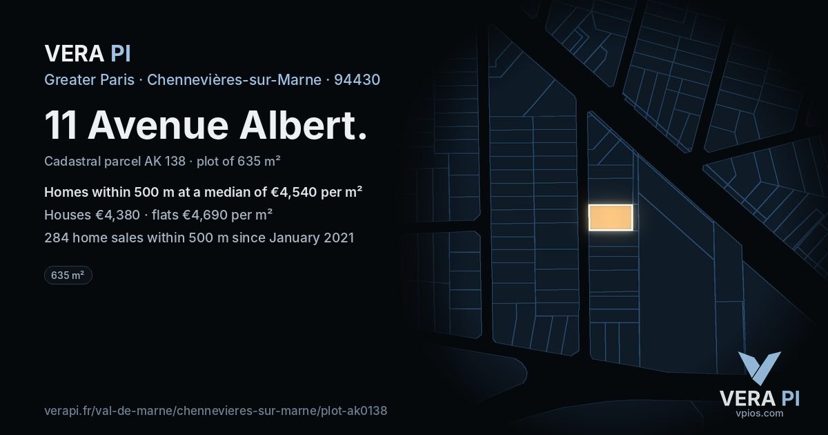 11 Avenue Albert, Chennevières-sur-Marne at night – the plot lit, the parcels around coloured by the prices near them