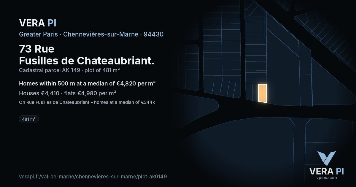 73 Rue Fusilles de Chateaubriant, Chennevières-sur-Marne at night – the plot lit, the parcels around coloured by the prices near them