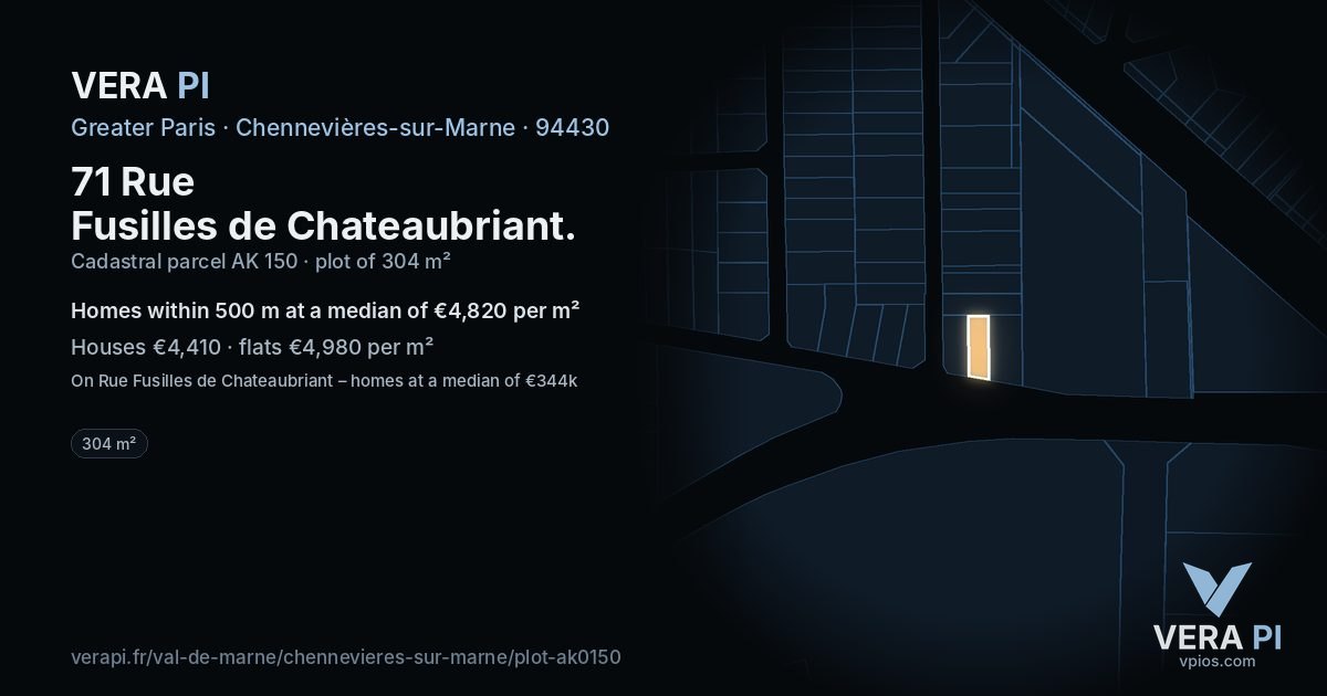 71 Rue Fusilles de Chateaubriant, Chennevières-sur-Marne at night – the plot lit, the parcels around coloured by the prices near them