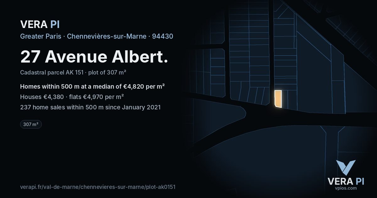 27 Avenue Albert, Chennevières-sur-Marne at night – the plot lit, the parcels around coloured by the prices near them
