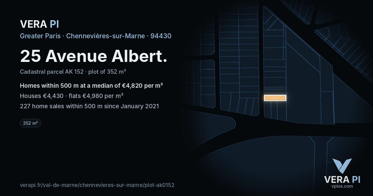 25 Avenue Albert, Chennevières-sur-Marne at night – the plot lit, the parcels around coloured by the prices near them