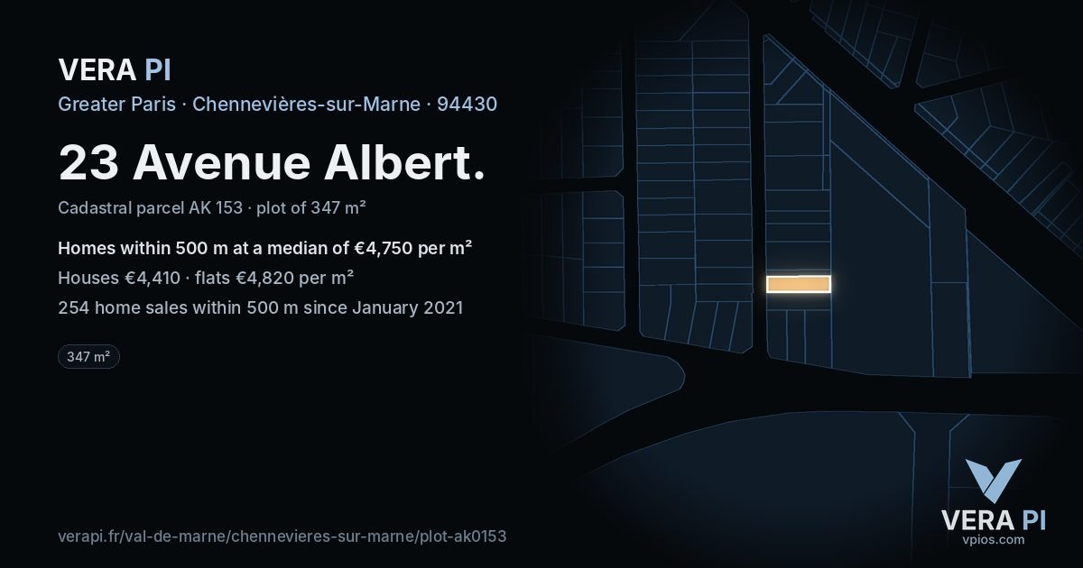 23 Avenue Albert, Chennevières-sur-Marne at night – the plot lit, the parcels around coloured by the prices near them