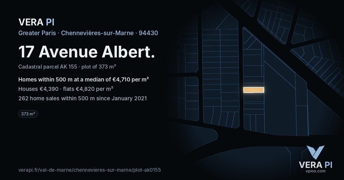17 Avenue Albert, Chennevières-sur-Marne at night – the plot lit, the parcels around coloured by the prices near them