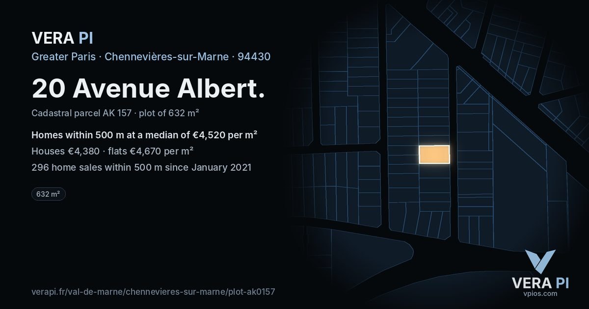 20 Avenue Albert, Chennevières-sur-Marne at night – the plot lit, the parcels around coloured by the prices near them