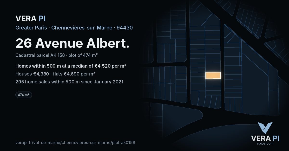 26 Avenue Albert, Chennevières-sur-Marne at night – the plot lit, the parcels around coloured by the prices near them