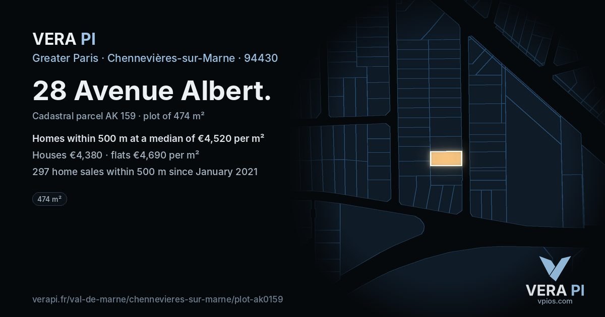 28 Avenue Albert, Chennevières-sur-Marne at night – the plot lit, the parcels around coloured by the prices near them