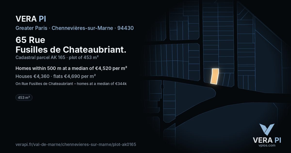 65 Rue Fusilles de Chateaubriant, Chennevières-sur-Marne at night – the plot lit, the parcels around coloured by the prices near them