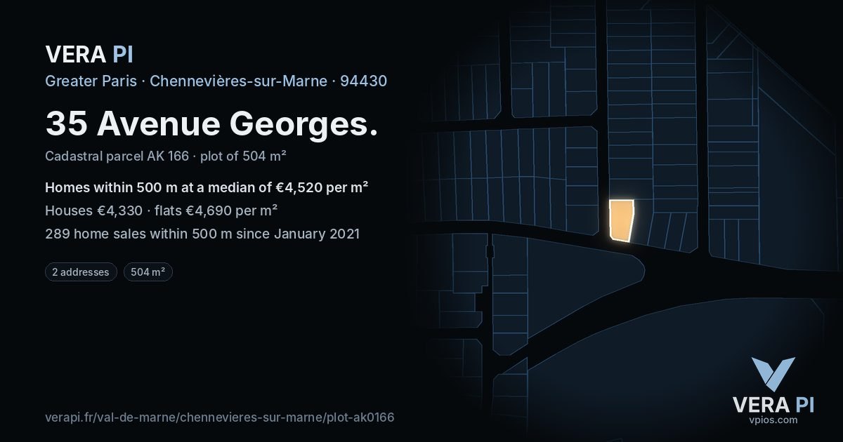 35 Avenue Georges, Chennevières-sur-Marne at night – the plot lit, the parcels around coloured by the prices near them