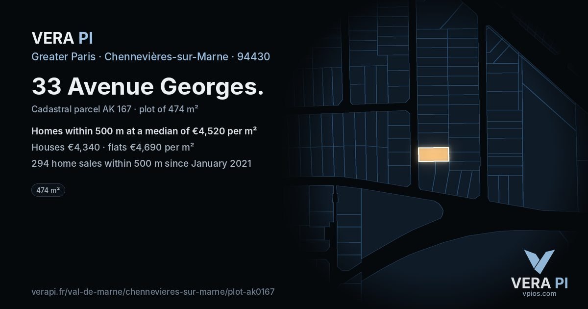 33 Avenue Georges, Chennevières-sur-Marne at night – the plot lit, the parcels around coloured by the prices near them