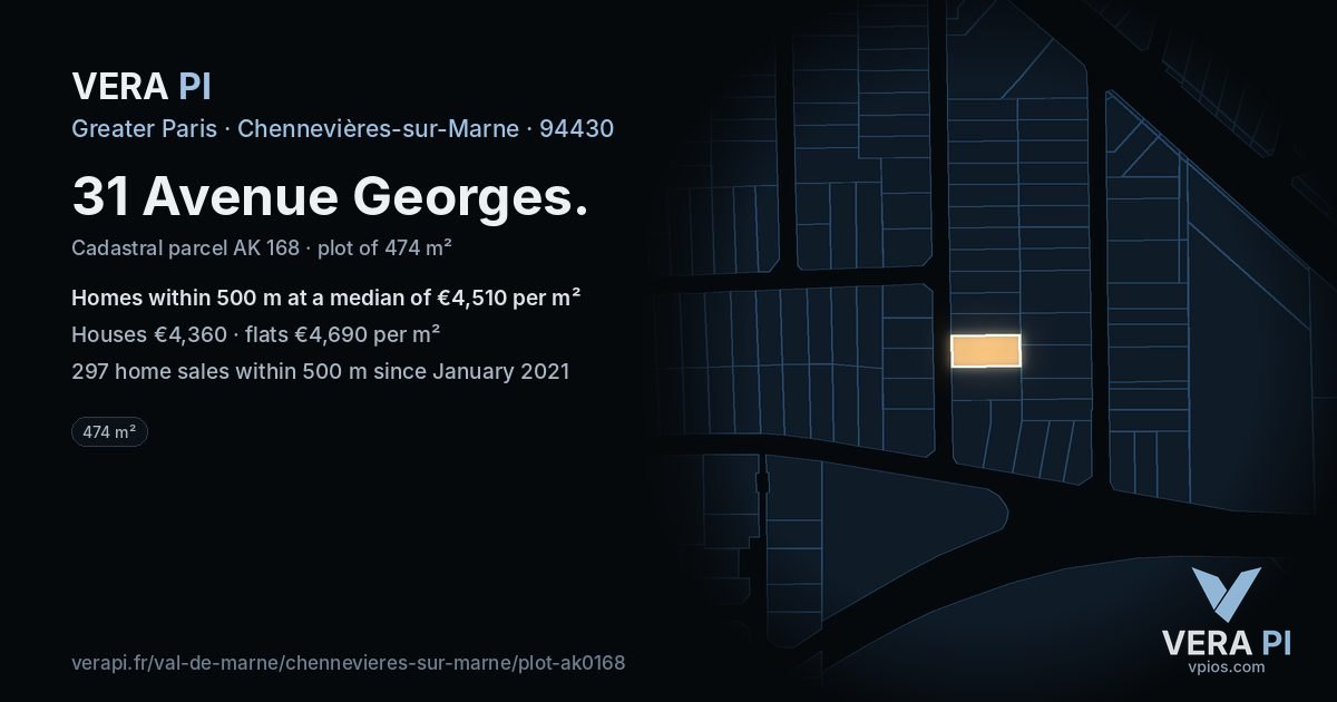31 Avenue Georges, Chennevières-sur-Marne at night – the plot lit, the parcels around coloured by the prices near them