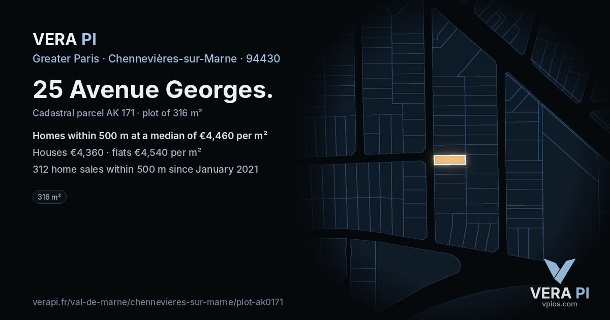 25 Avenue Georges, Chennevières-sur-Marne at night – the plot lit, the parcels around coloured by the prices near them