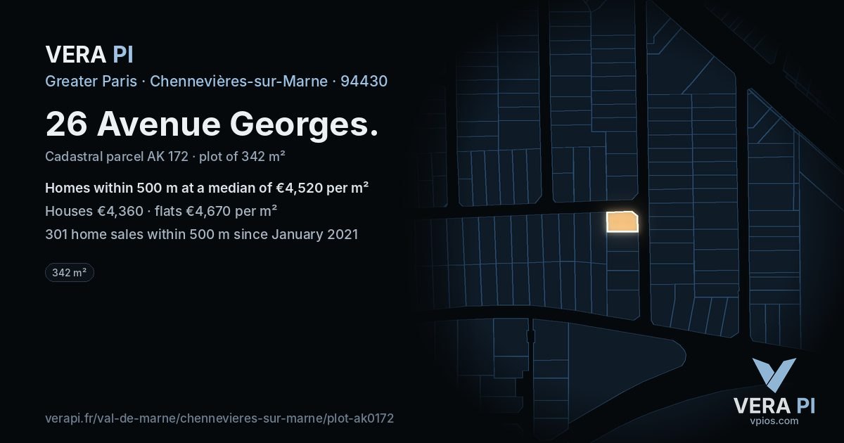 26 Avenue Georges, Chennevières-sur-Marne at night – the plot lit, the parcels around coloured by the prices near them