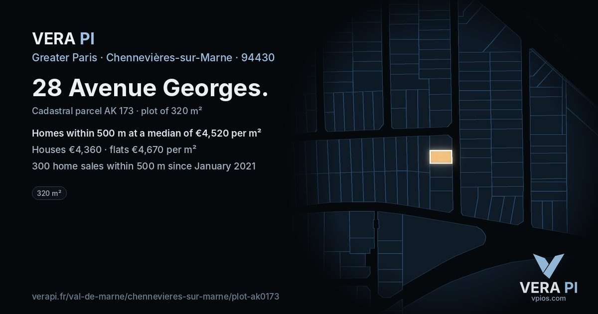 28 Avenue Georges, Chennevières-sur-Marne at night – the plot lit, the parcels around coloured by the prices near them