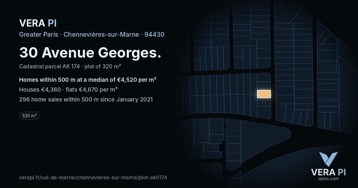 30 Avenue Georges, Chennevières-sur-Marne at night – the plot lit, the parcels around coloured by the prices near them