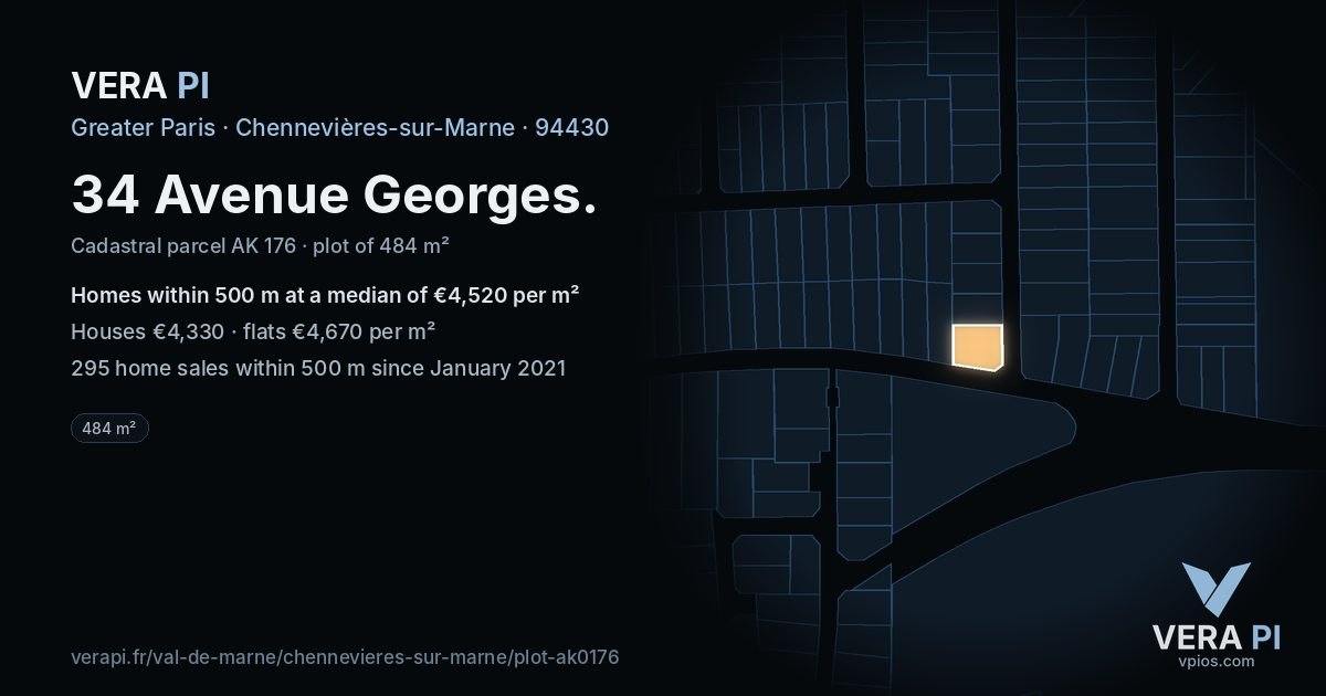 34 Avenue Georges, Chennevières-sur-Marne at night – the plot lit, the parcels around coloured by the prices near them