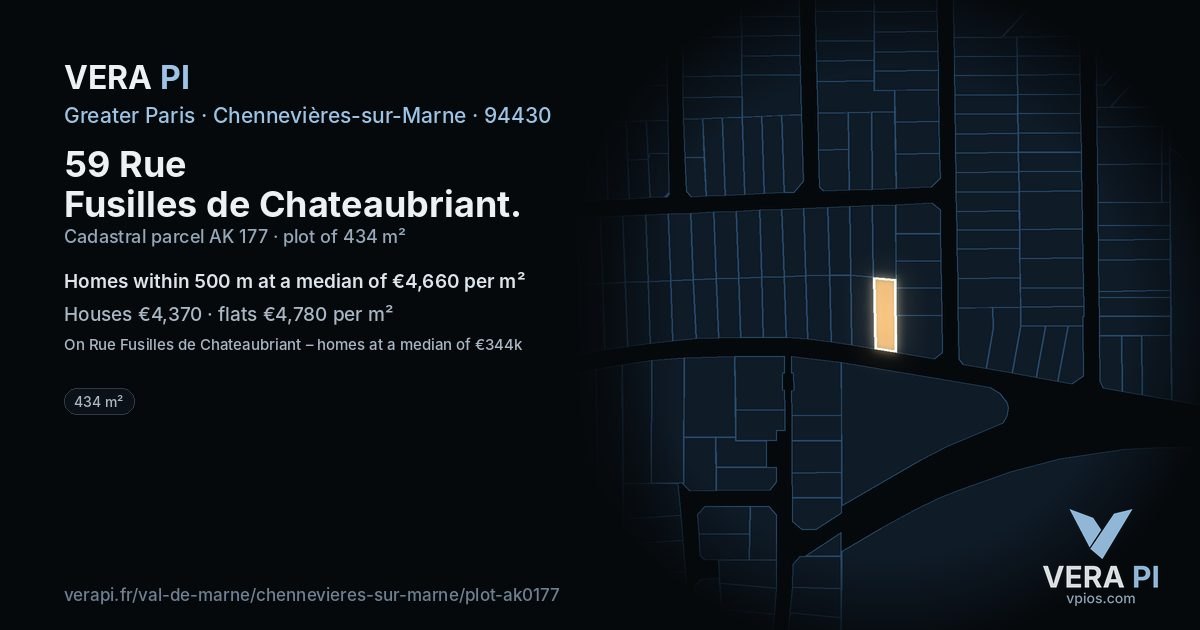 59 Rue Fusilles de Chateaubriant, Chennevières-sur-Marne at night – the plot lit, the parcels around coloured by the prices near them