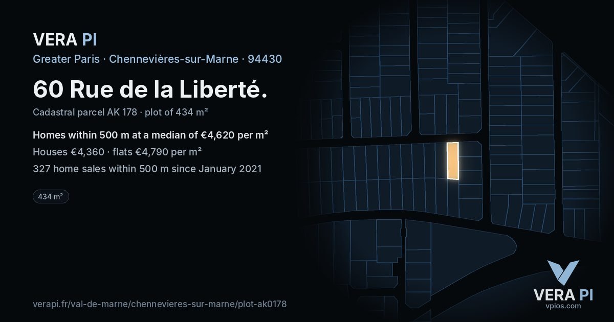 60 Rue de la Liberté, Chennevières-sur-Marne at night – the plot lit, the parcels around coloured by the prices near them
