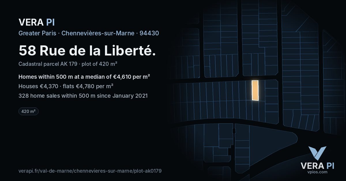 58 Rue de la Liberté, Chennevières-sur-Marne at night – the plot lit, the parcels around coloured by the prices near them