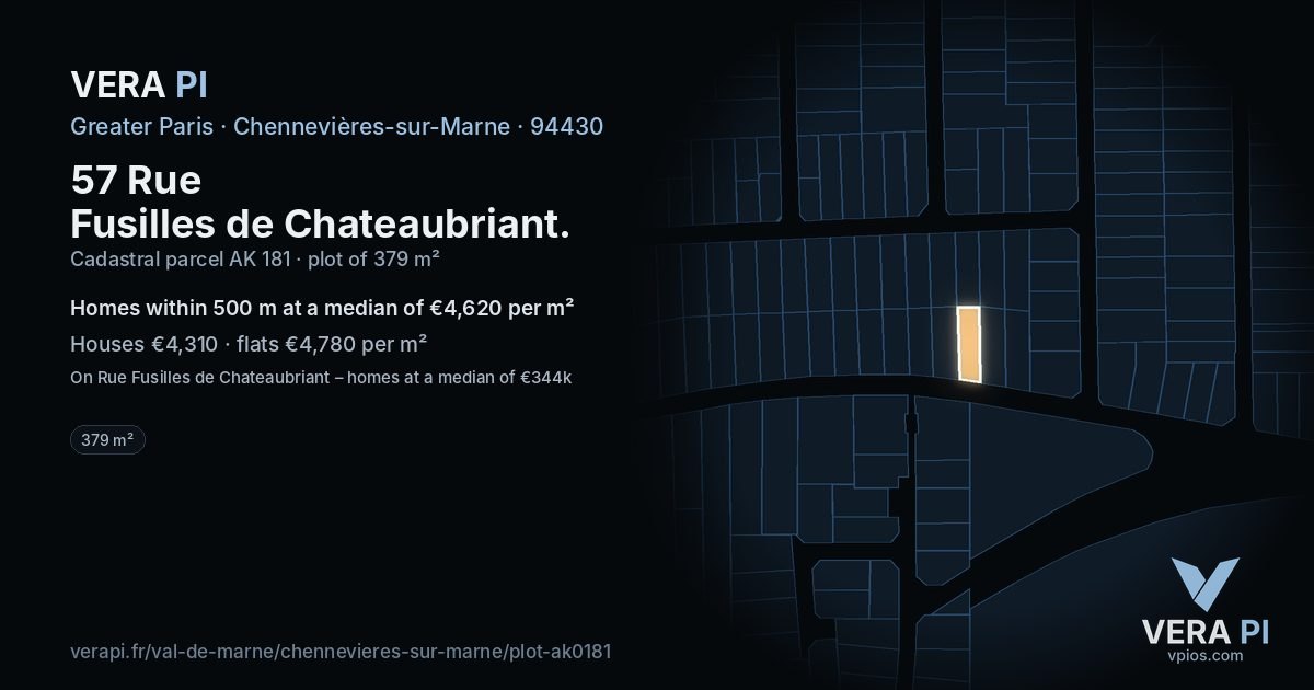 57 Rue Fusilles de Chateaubriant, Chennevières-sur-Marne at night – the plot lit, the parcels around coloured by the prices near them