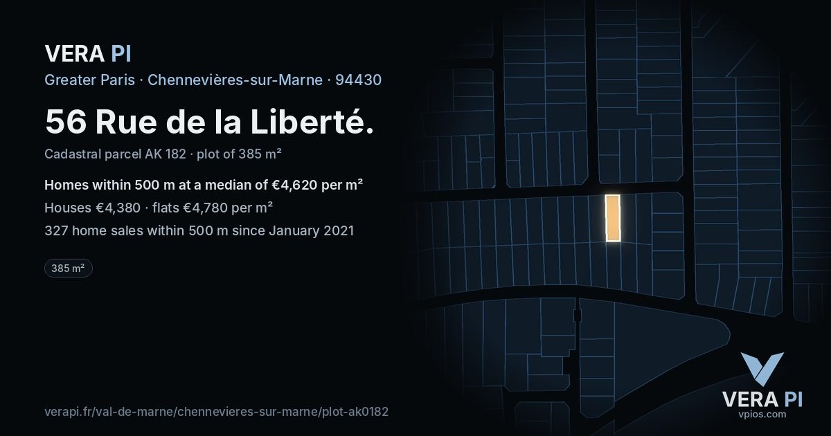 56 Rue de la Liberté, Chennevières-sur-Marne at night – the plot lit, the parcels around coloured by the prices near them