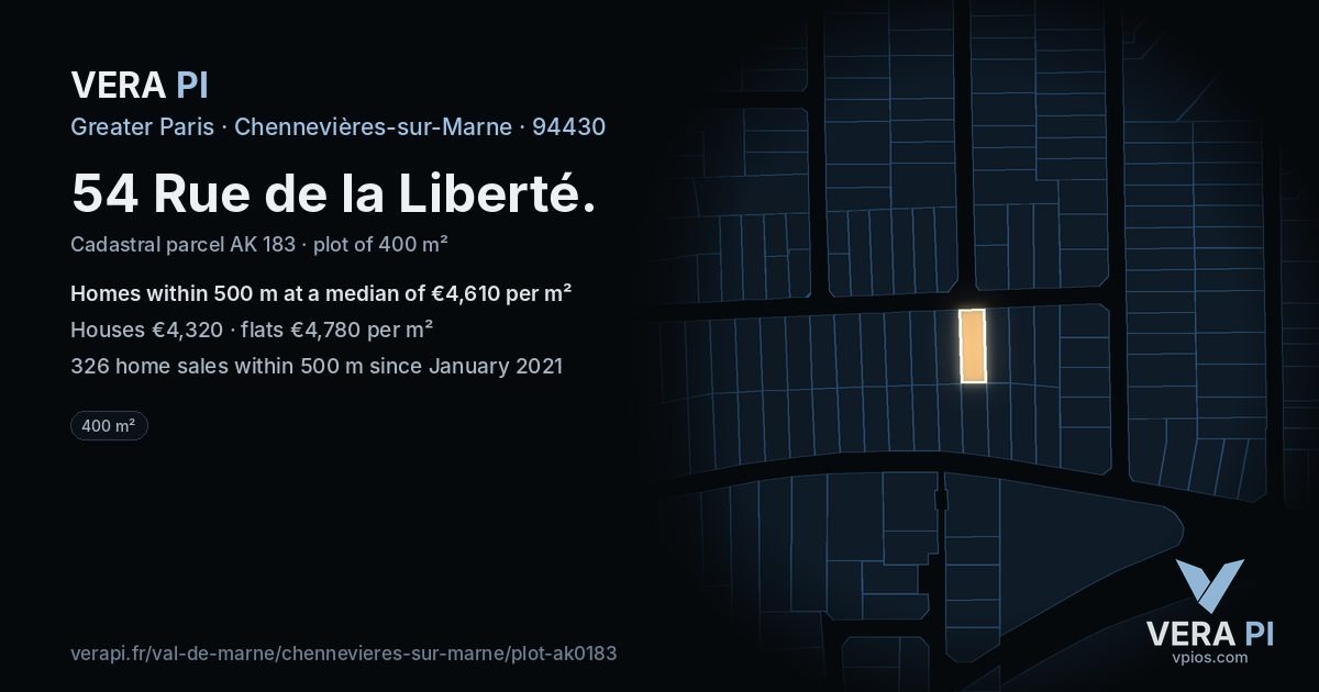 54 Rue de la Liberté, Chennevières-sur-Marne at night – the plot lit, the parcels around coloured by the prices near them