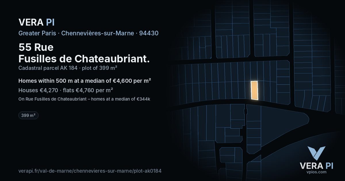 55 Rue Fusilles de Chateaubriant, Chennevières-sur-Marne at night – the plot lit, the parcels around coloured by the prices near them