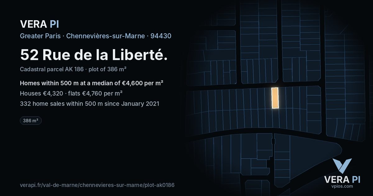 52 Rue de la Liberté, Chennevières-sur-Marne at night – the plot lit, the parcels around coloured by the prices near them