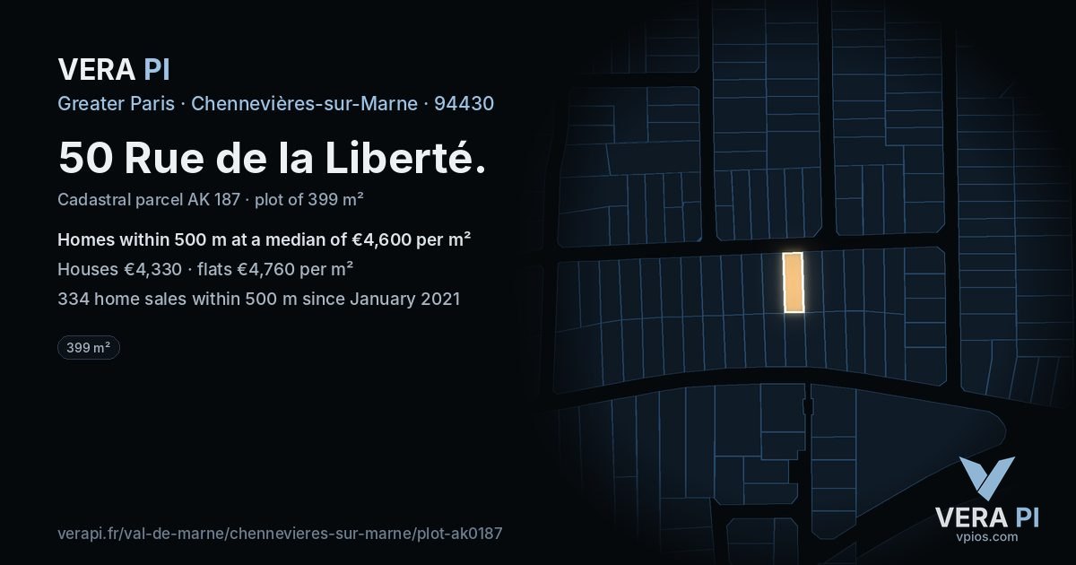 50 Rue de la Liberté, Chennevières-sur-Marne at night – the plot lit, the parcels around coloured by the prices near them