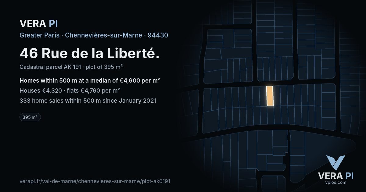 46 Rue de la Liberté, Chennevières-sur-Marne at night – the plot lit, the parcels around coloured by the prices near them